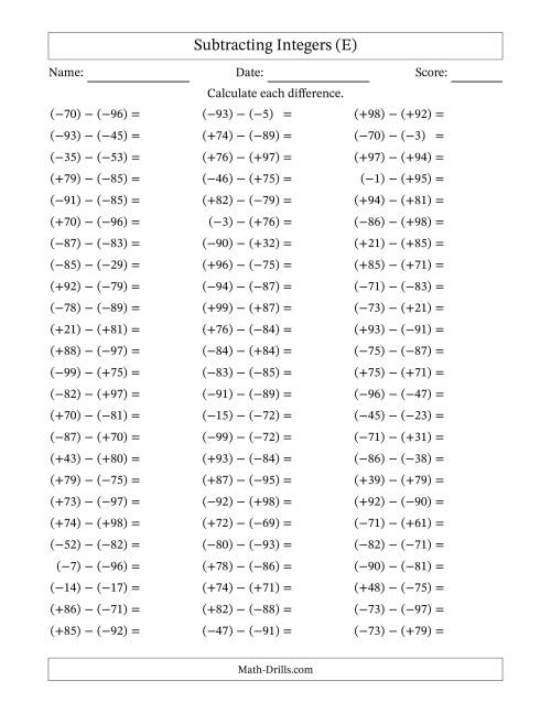 The Subtracting Mixed Integers from -99 to 99 (75 Questions; All Parentheses) (E) Math Worksheet