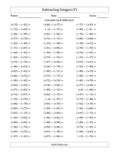 The Subtracting Mixed Integers from -99 to 99 (75 Questions; All Parentheses) (F) Math Worksheet