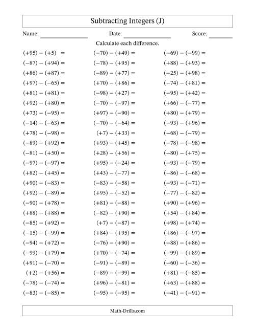 The Subtracting Mixed Integers from -99 to 99 (75 Questions; All Parentheses) (J) Math Worksheet