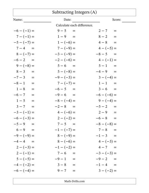The Subtracting Integers from (-9) to (+9) (Negative Numbers in Parentheses) (A) Math Worksheet