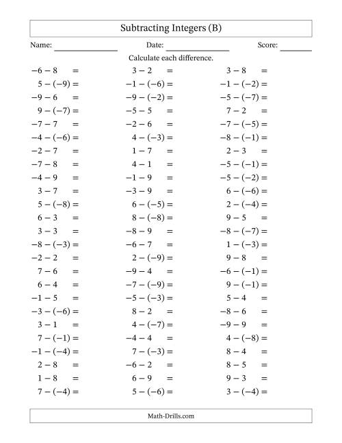 The Subtracting Integers from (-9) to (+9) (Negative Numbers in Parentheses) (B) Math Worksheet