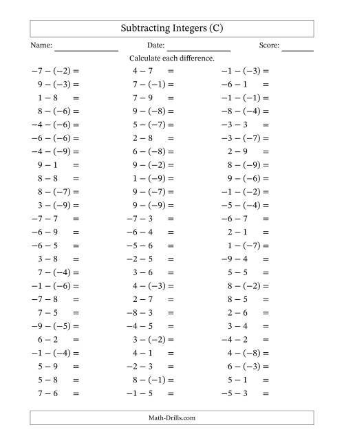 The Subtracting Integers from (-9) to (+9) (Negative Numbers in Parentheses) (C) Math Worksheet