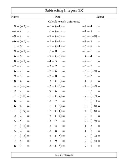 The Subtracting Integers from (-9) to (+9) (Negative Numbers in Parentheses) (D) Math Worksheet