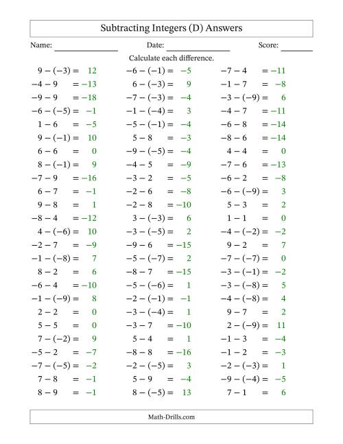 The Subtracting Integers from (-9) to (+9) (Negative Numbers in Parentheses) (D) Math Worksheet Page 2