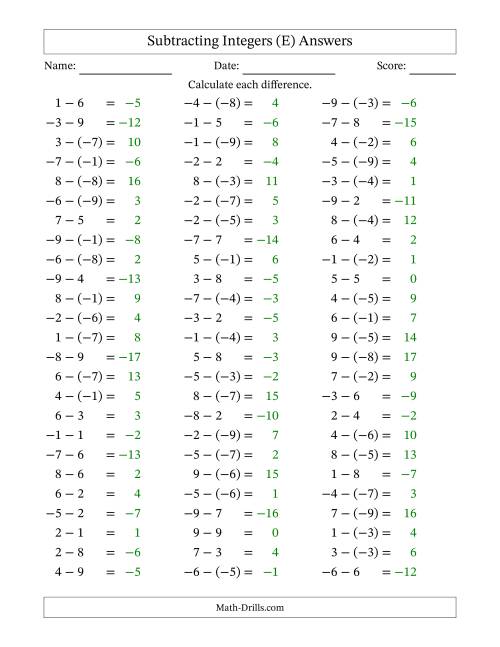 The Subtracting Integers from (-9) to (+9) (Negative Numbers in Parentheses) (E) Math Worksheet Page 2