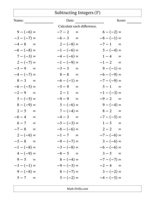 The Subtracting Mixed Integers from -9 to 9 (75 Questions) (F) Math Worksheet