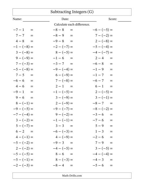 The Subtracting Integers from (-9) to (+9) (Negative Numbers in Parentheses) (G) Math Worksheet
