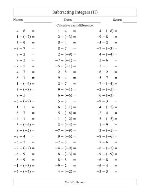 The Subtracting Integers from (-9) to (+9) (Negative Numbers in Parentheses) (H) Math Worksheet