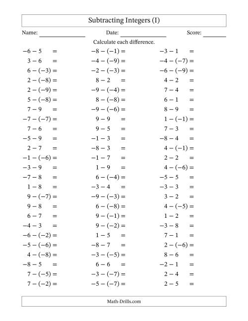 The Subtracting Integers from (-9) to (+9) (Negative Numbers in Parentheses) (I) Math Worksheet
