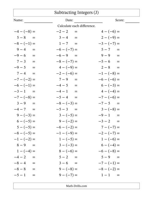 The Subtracting Integers from (-9) to (+9) (Negative Numbers in Parentheses) (J) Math Worksheet