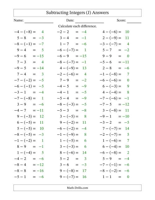 The Subtracting Mixed Integers from -9 to 9 (75 Questions) (J) Math Worksheet Page 2