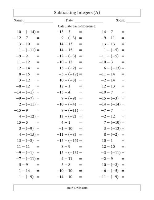 The Subtracting Integers from (-15) to (+15) (Negative Numbers in Parentheses) (A) Math Worksheet