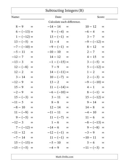 The Subtracting Mixed Integers from -15 to 15 (75 Questions) (B) Math Worksheet