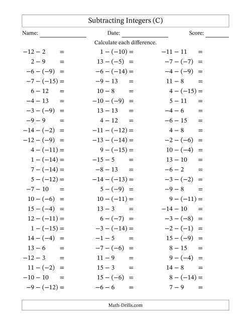 The Subtracting Mixed Integers from -15 to 15 (75 Questions) (C) Math Worksheet