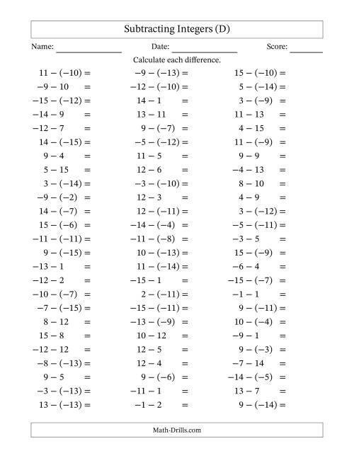 The Subtracting Mixed Integers from -15 to 15 (75 Questions) (D) Math Worksheet