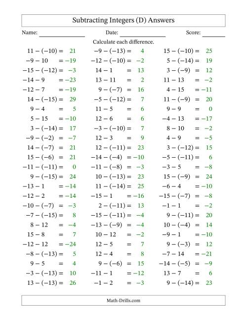 The Subtracting Mixed Integers from -15 to 15 (75 Questions) (D) Math Worksheet Page 2