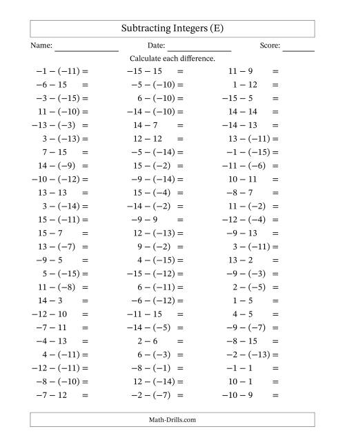 The Subtracting Mixed Integers from -15 to 15 (75 Questions) (E) Math Worksheet