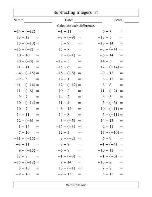 The Subtracting Mixed Integers from -15 to 15 (75 Questions) (F) Math Worksheet