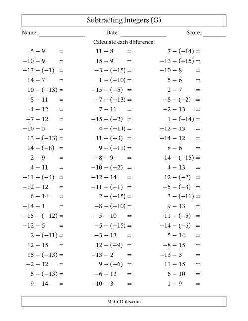 The Subtracting Mixed Integers from -15 to 15 (75 Questions) (G) Math Worksheet