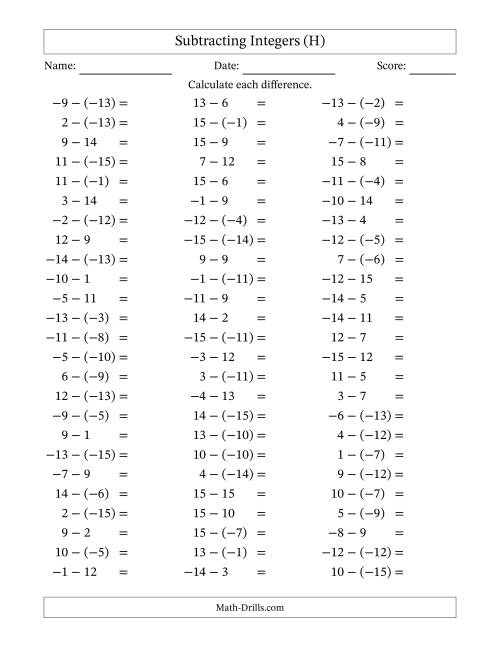 The Subtracting Mixed Integers from -15 to 15 (75 Questions) (H) Math Worksheet