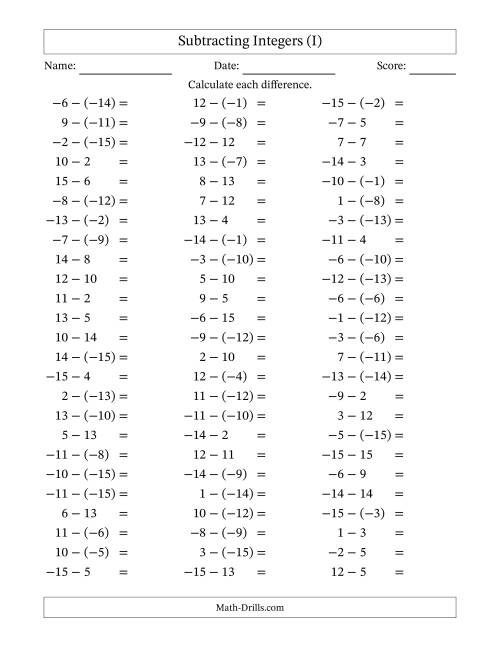 The Subtracting Mixed Integers from -15 to 15 (75 Questions) (I) Math Worksheet