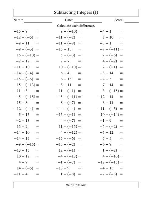 The Subtracting Mixed Integers from -15 to 15 (75 Questions) (J) Math Worksheet