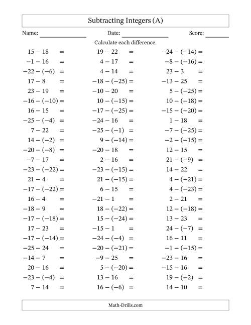 The Subtracting Integers from (-25) to (+25) (Negative Numbers in Parentheses) (A) Math Worksheet