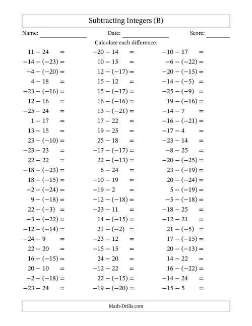 The Subtracting Integers from (-25) to (+25) (Negative Numbers in Parentheses) (B) Math Worksheet