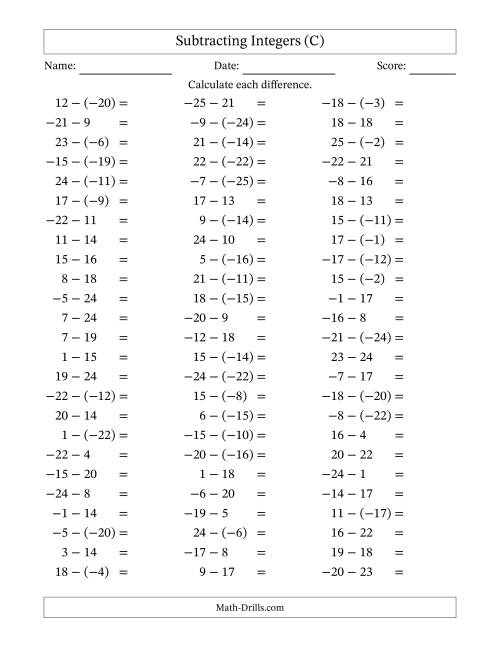 The Subtracting Mixed Integers from -25 to 25 (75 Questions) (C) Math Worksheet
