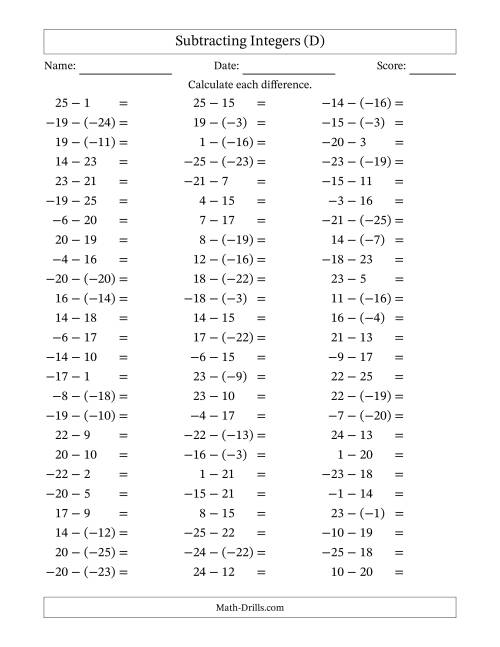 The Subtracting Integers from (-25) to (+25) (Negative Numbers in Parentheses) (D) Math Worksheet