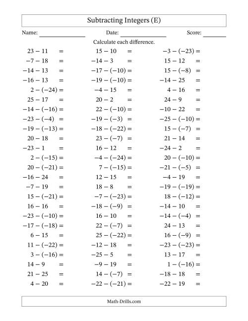The Subtracting Integers from (-25) to (+25) (Negative Numbers in Parentheses) (E) Math Worksheet