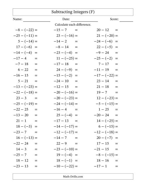 The Subtracting Integers from (-25) to (+25) (Negative Numbers in Parentheses) (F) Math Worksheet