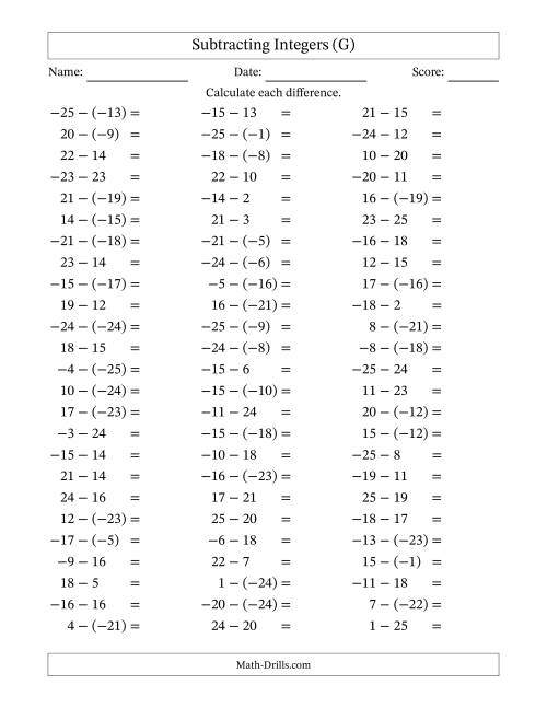 The Subtracting Integers from (-25) to (+25) (Negative Numbers in Parentheses) (G) Math Worksheet
