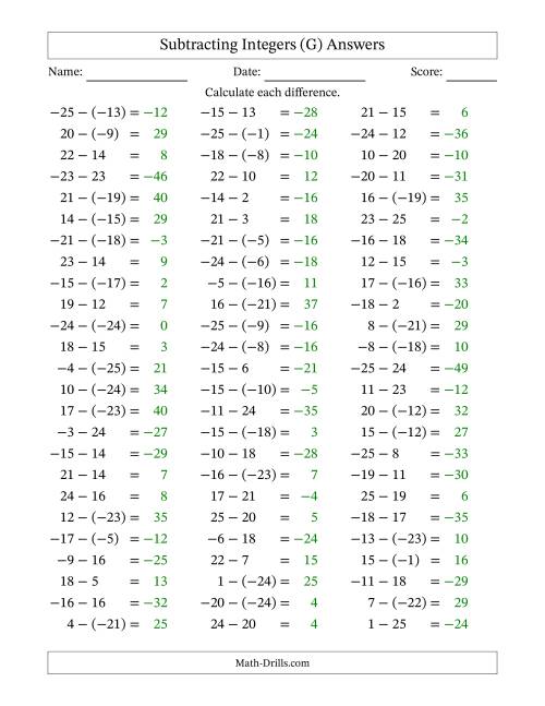 The Subtracting Integers from (-25) to (+25) (Negative Numbers in Parentheses) (G) Math Worksheet Page 2