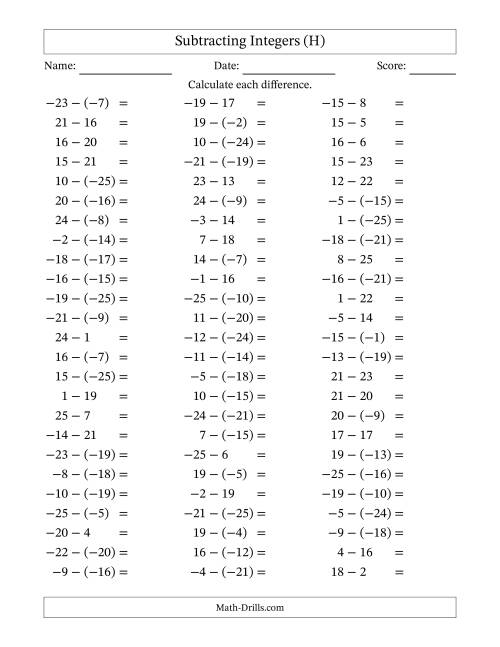 The Subtracting Integers from (-25) to (+25) (Negative Numbers in Parentheses) (H) Math Worksheet