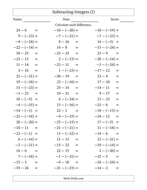 The Subtracting Integers from (-25) to (+25) (Negative Numbers in Parentheses) (I) Math Worksheet
