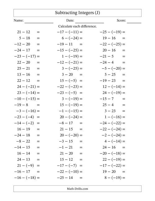 The Subtracting Mixed Integers from -25 to 25 (75 Questions) (J) Math Worksheet