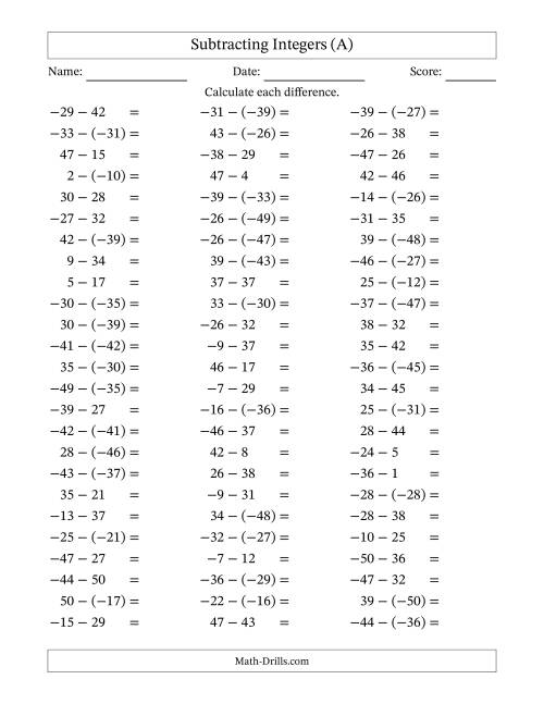 The Subtracting Integers from (-50) to (+50) (Negative Numbers in Parentheses) (A) Math Worksheet