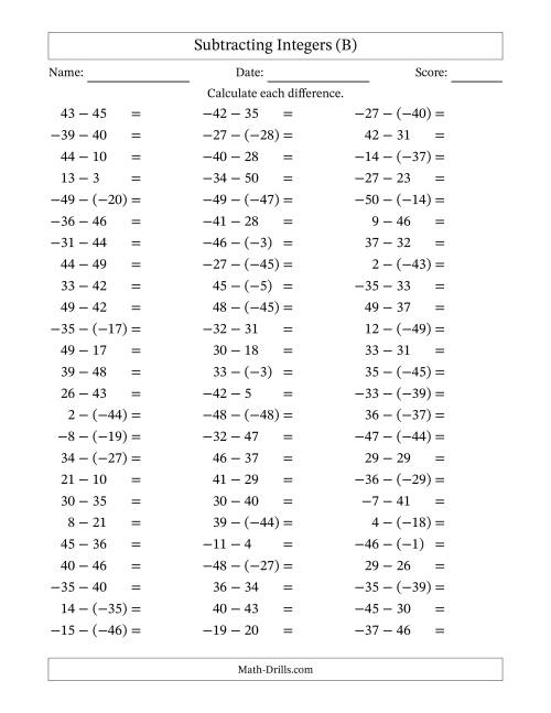 The Subtracting Mixed Integers from -50 to 50 (75 Questions) (B) Math Worksheet