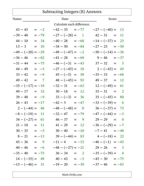 The Subtracting Mixed Integers from -50 to 50 (75 Questions) (B) Math Worksheet Page 2