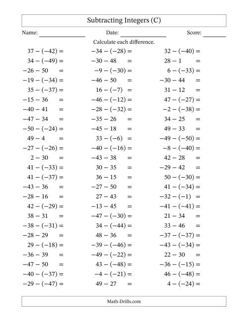 The Subtracting Mixed Integers from -50 to 50 (75 Questions) (C) Math Worksheet