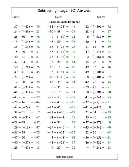 The Subtracting Mixed Integers from -50 to 50 (75 Questions) (C) Math Worksheet Page 2