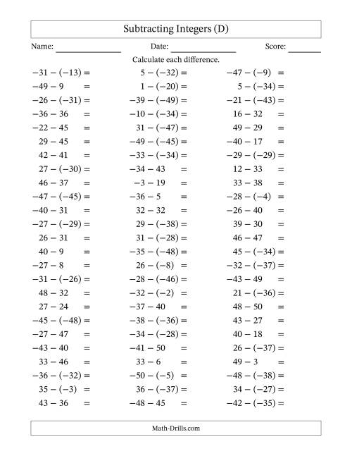 The Subtracting Mixed Integers from -50 to 50 (75 Questions) (D) Math Worksheet