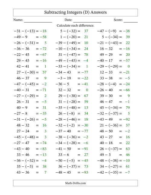 The Subtracting Mixed Integers from -50 to 50 (75 Questions) (D) Math Worksheet Page 2
