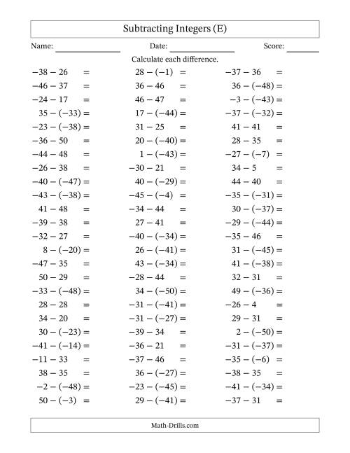The Subtracting Mixed Integers from -50 to 50 (75 Questions) (E) Math Worksheet