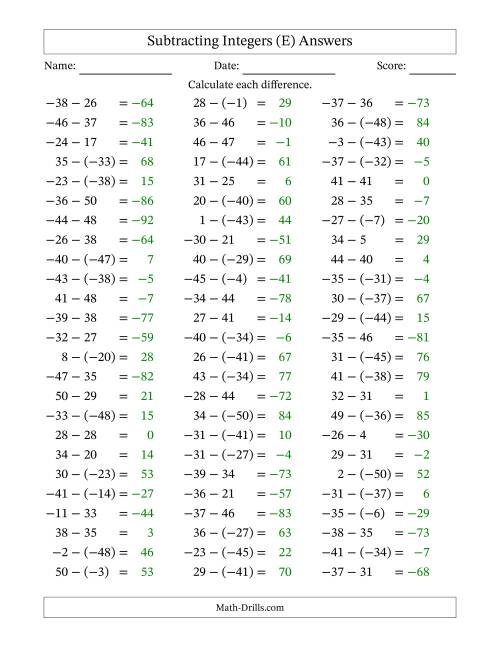 The Subtracting Mixed Integers from -50 to 50 (75 Questions) (E) Math Worksheet Page 2
