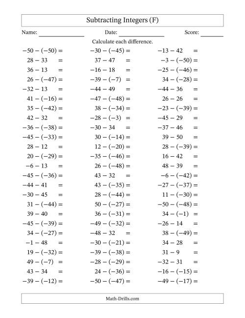 The Subtracting Mixed Integers from -50 to 50 (75 Questions) (F) Math Worksheet