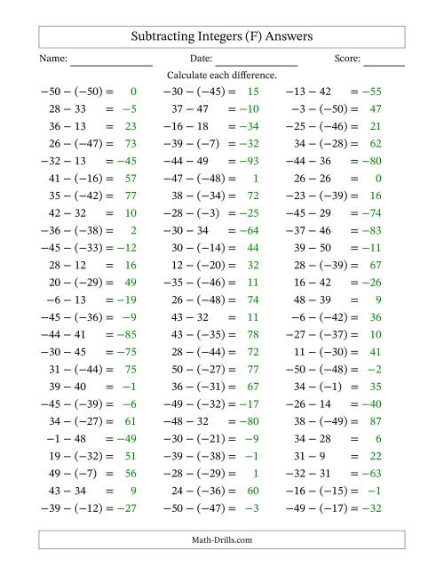 The Subtracting Mixed Integers from -50 to 50 (75 Questions) (F) Math Worksheet Page 2