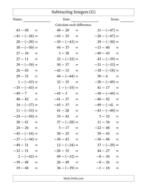 The Subtracting Mixed Integers from -50 to 50 (75 Questions) (G) Math Worksheet