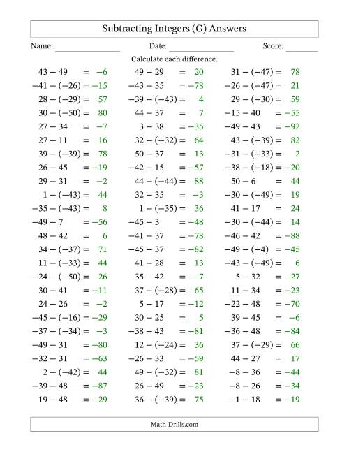 The Subtracting Mixed Integers from -50 to 50 (75 Questions) (G) Math Worksheet Page 2